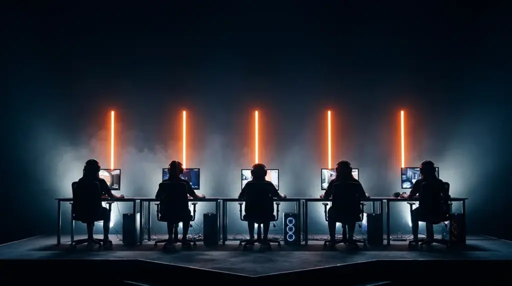Anonymous esports team on a dark stage with five orange lights symbolizing KRÜ BLAZE’s qualification streak