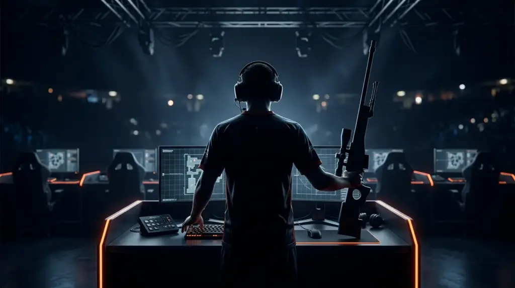 Counter-Strike esports player silhouette taking an AWP role at a team gaming station