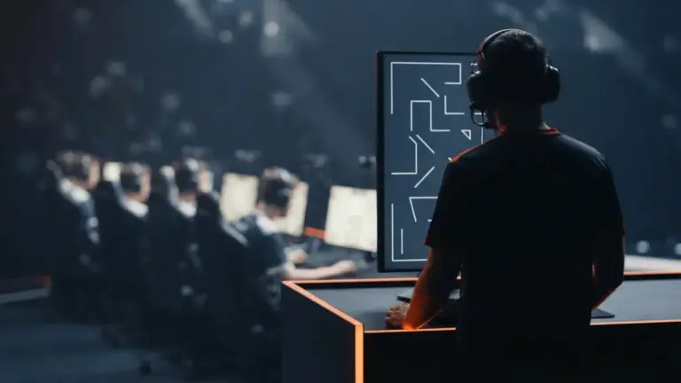 Counter-Strike esports coach preparing a team for a playoff match in a dark arena