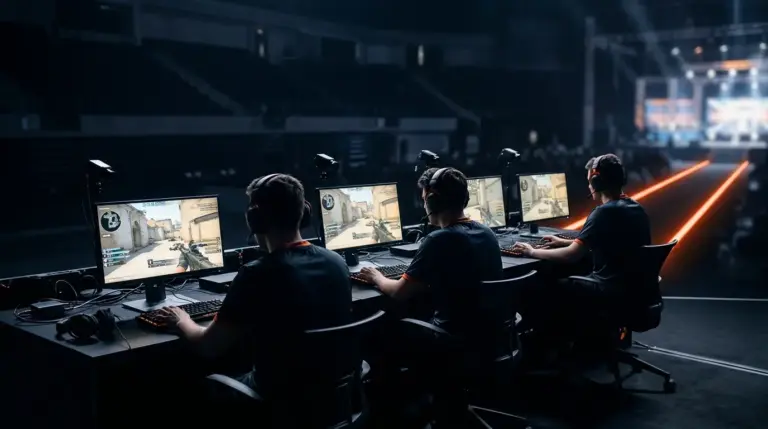 Anonymous esports team preparing for a Counter-Strike Major qualification race in a dark arena