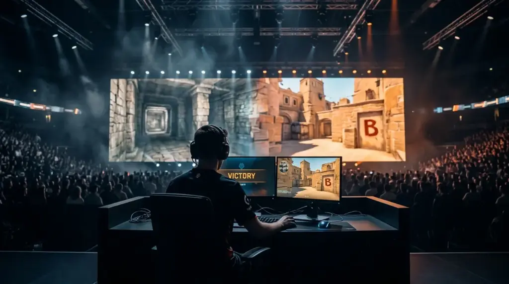 Esports player silhouette in a dark arena celebrating a Counter-Strike tournament semifinal breakthrough