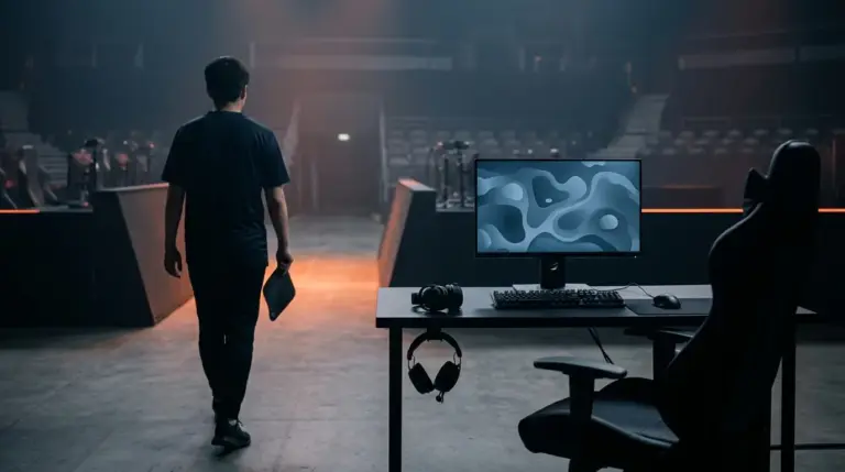 Anonymous esports player leaving an empty gaming station after being benched