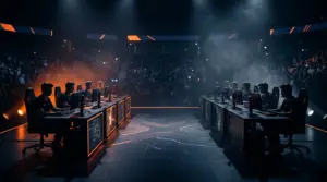 Dark CS2 esports stage showing a decisive elimination match with opposing player silhouettes and orange arena lighting