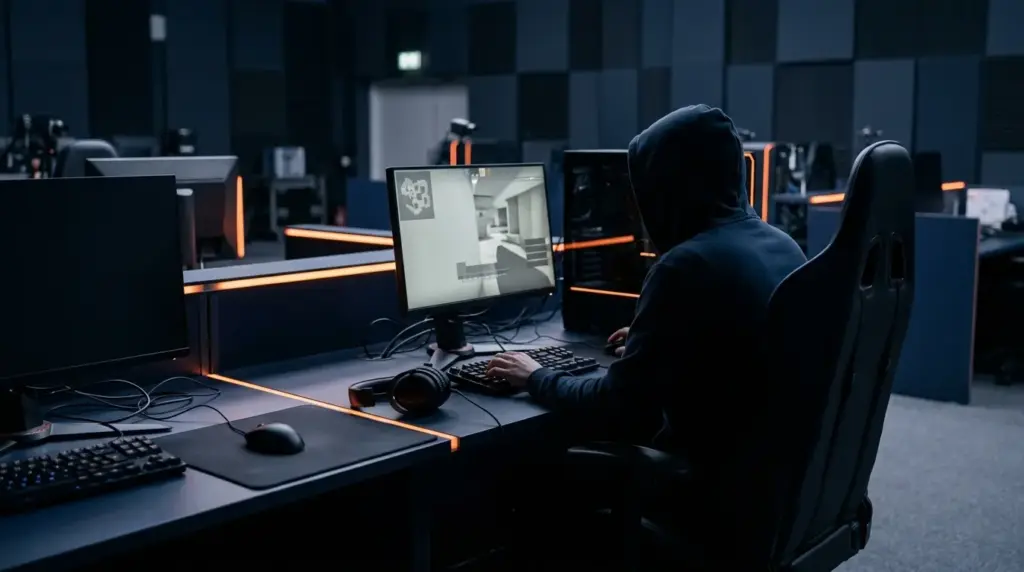 Esports player silhouette at a gaming station beside an empty setup before a Counter-Strike qualifier