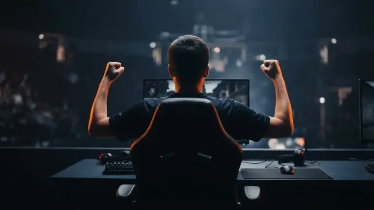 Esports player celebrates a dramatic Counter-Strike grand-final comeback under navy and orange arena lights