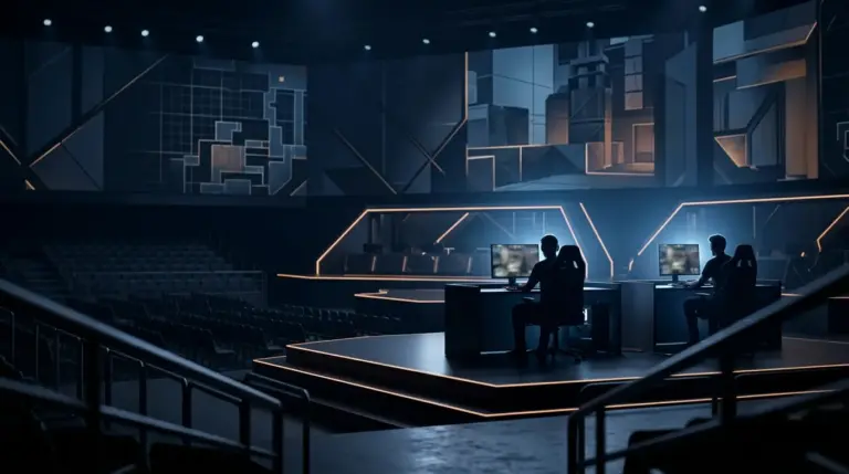 Dark Counter-Strike esports arena with silhouetted players preparing for the completed IEM Beijing 2026 field