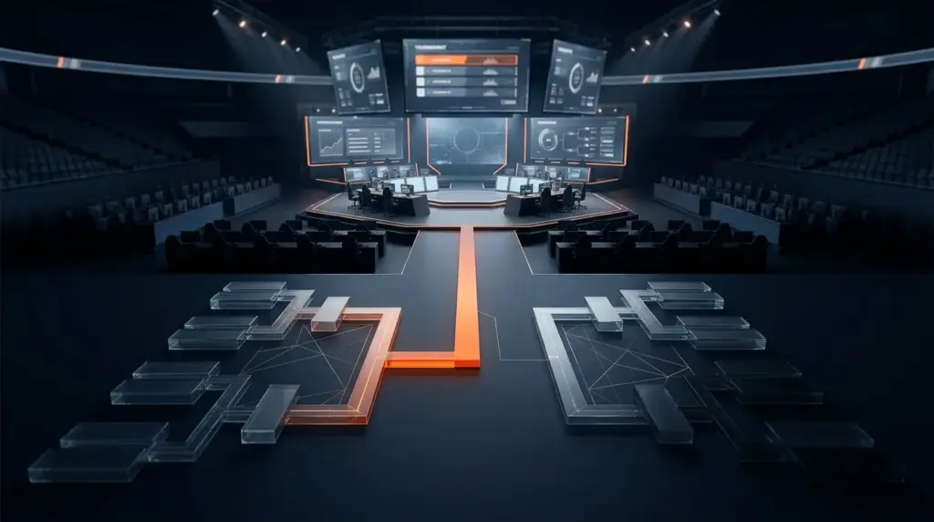 Dark esports arena with an orange-lit tournament path symbolizing CS2 Major qualification risk