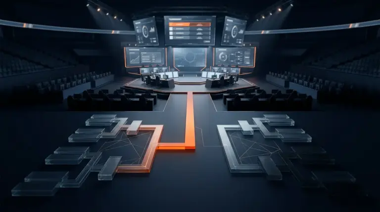Dark esports arena with an orange-lit tournament path symbolizing CS2 Major qualification risk
