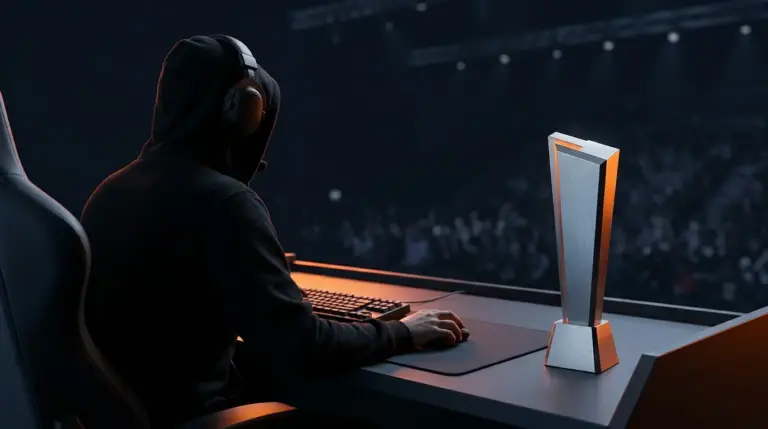 Anonymous esports captain beside a championship trophy after a CS2 tournament victory