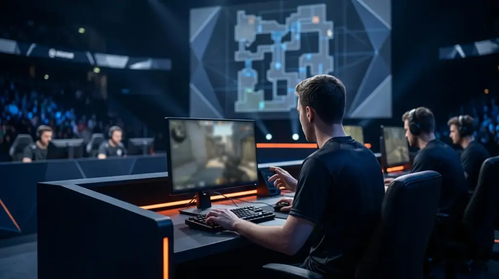 Non-identifiable esports in-game leader directing a Counter-Strike team at a dark tournament setup