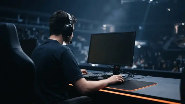 Anonymous esports player competing under orange arena lights at a major Counter-Strike tournament