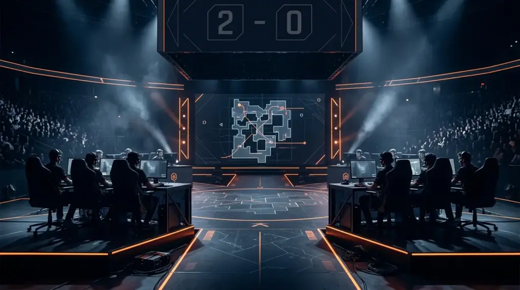 Esports stage representing Legacy's 2-0 FURIA sweep and direct CS2 semifinal qualification