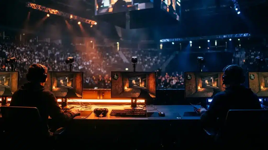Esports players competing in a tense Counter-Strike comeback match under orange and navy arena lighting