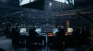 Anonymous esports players competing under orange and navy arena lights in a Counter-Strike playoff setting