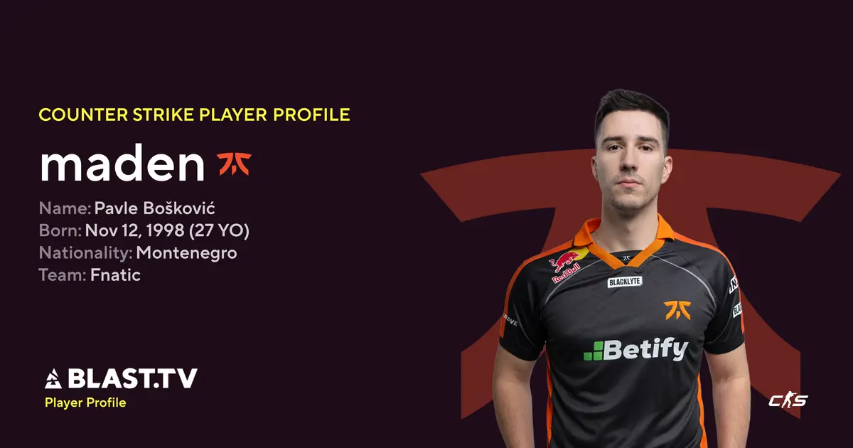Player profile of Pavle Bošković, known as maden, wearing a Fnatic team jersey