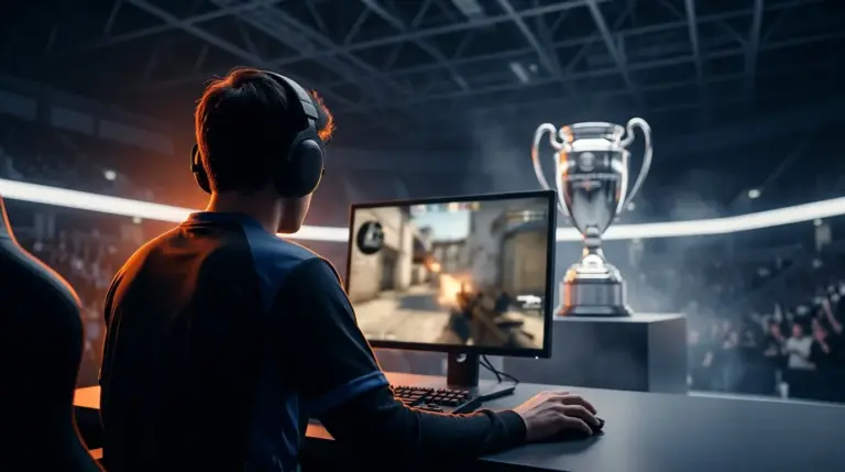 Anonymous esports player celebrating Imperial's decisive CS2 grand-final sweep beside a championship trophy