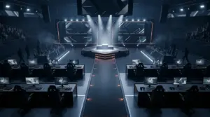 Sixteen esports teams converge on one illuminated LAN stage in a high-stakes closed qualifier