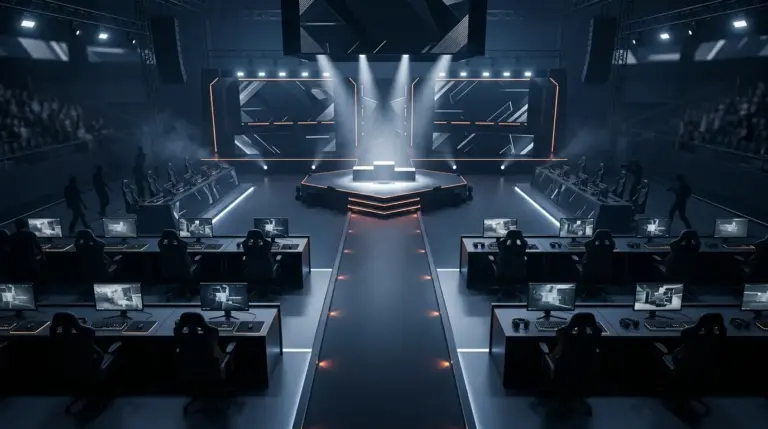 Sixteen esports teams converge on one illuminated LAN stage in a high-stakes closed qualifier