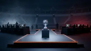 Esports championship trophy on a dark arena stage after Team Spirit defeated MOUZ in the BLAST Open Porto final