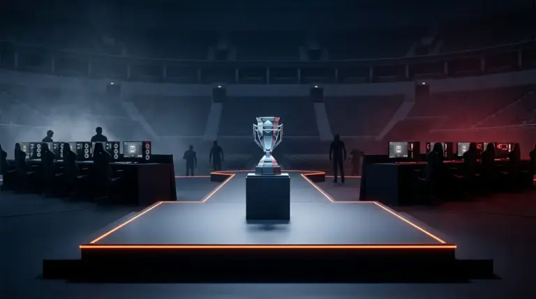 Esports championship trophy on a dark arena stage after Team Spirit defeated MOUZ in the BLAST Open Porto final