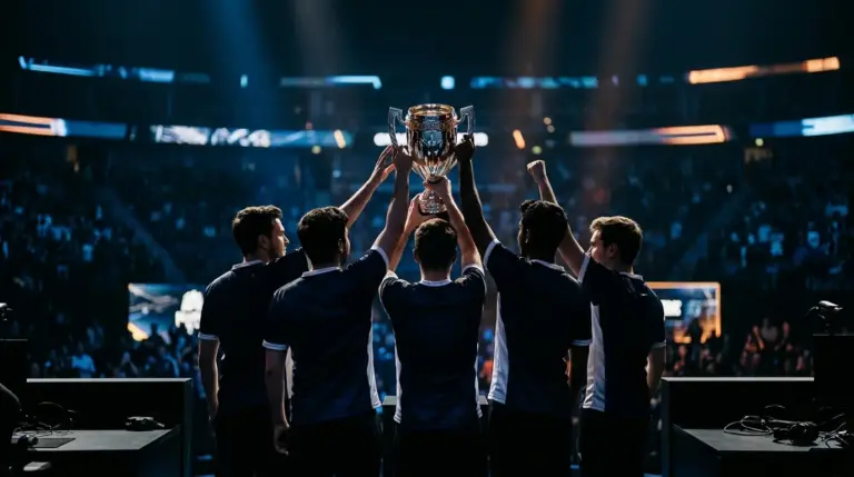 Team celebrating with a championship trophy after a CS2 LAN esports victory