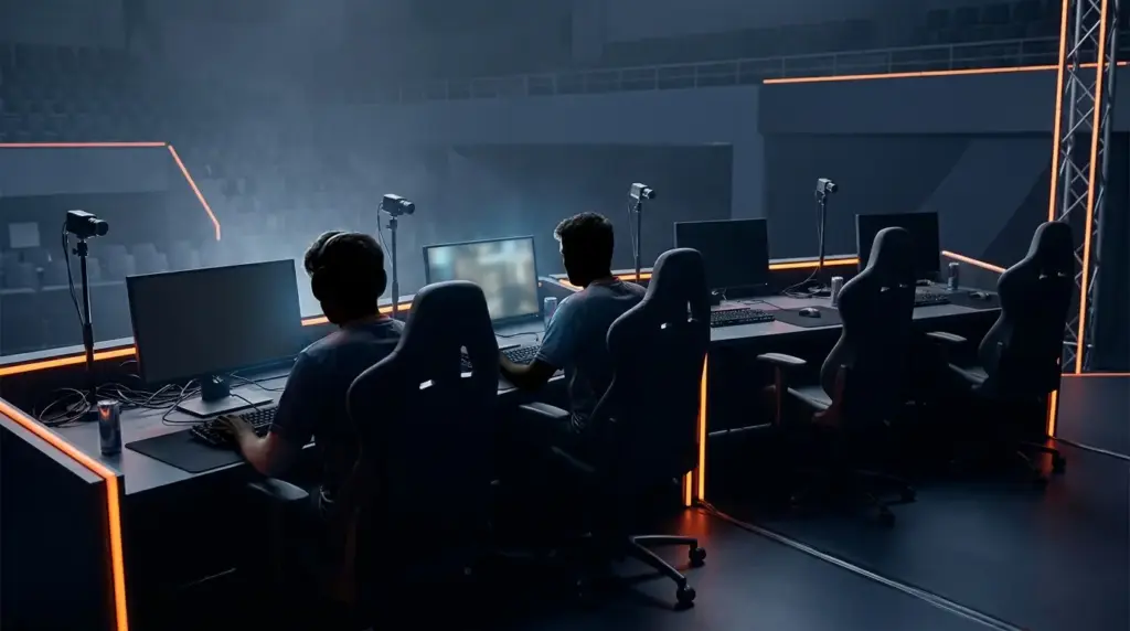 Esports team lineup rebuild visual with occupied and empty gaming stations on a dark competitive stage