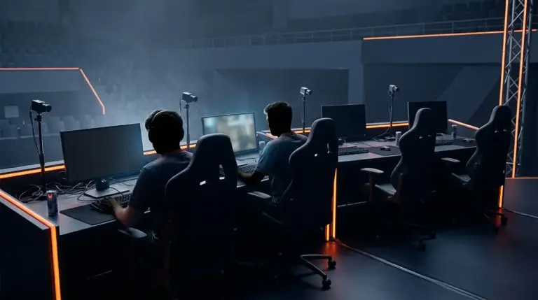 Esports team lineup rebuild visual with occupied and empty gaming stations on a dark competitive stage