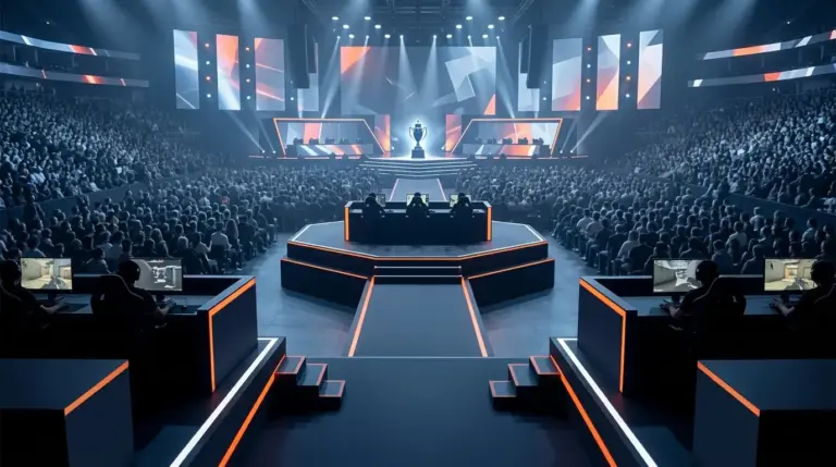 Esports arena showing a three-tiered route toward the IEM Cologne Major trophy stage