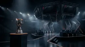 Championship trophy on an esports arena stage representing 100 Thieves winning VCT Americas Stage 2