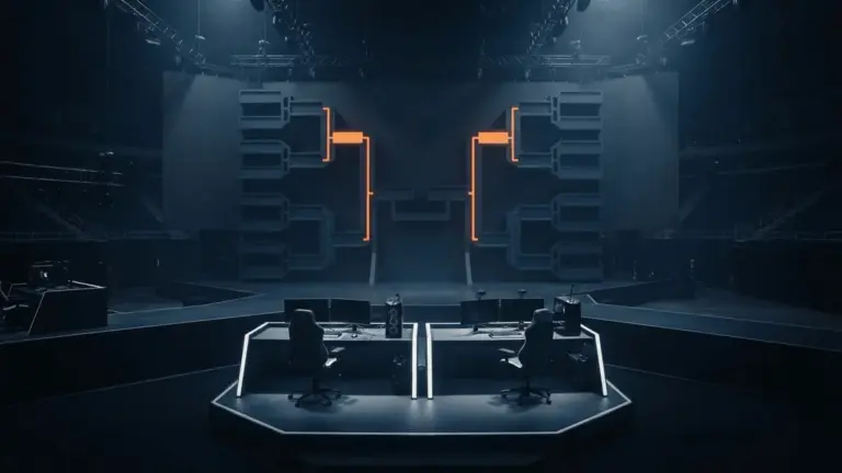 Esports arena with orange-lit bracket paths representing ESL Pro League seeding