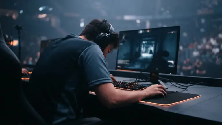 Esports player at a tournament gaming station during a tense Counter-Strike match