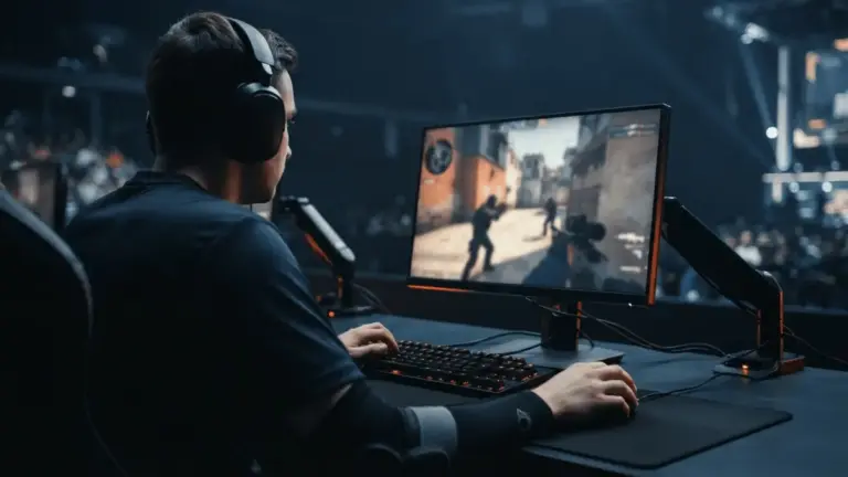 Anonymous CS2 esports player delivering a dominant AWP performance under dark navy and orange arena lighting