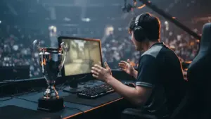 Anonymous esports player celebrates a CS2 championship victory beside a trophy under dark navy and orange arena lights