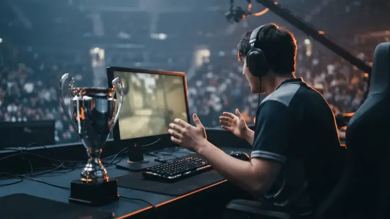 Anonymous esports player celebrates a CS2 championship victory beside a trophy under dark navy and orange arena lights