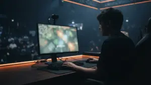 Non-identifiable esports player at a CS2 rig under navy and orange tournament lighting