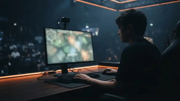 Non-identifiable esports player at a CS2 rig under navy and orange tournament lighting