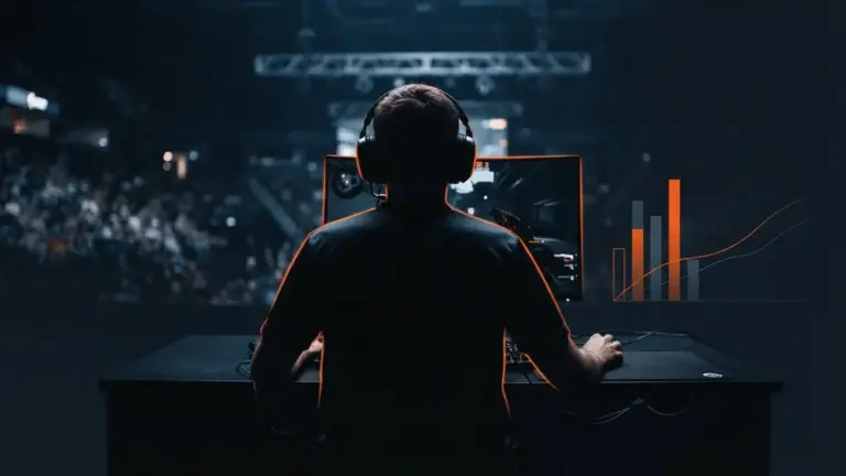 Counter-Strike esports player silhouetted under orange arena light during a dominant MVP performance